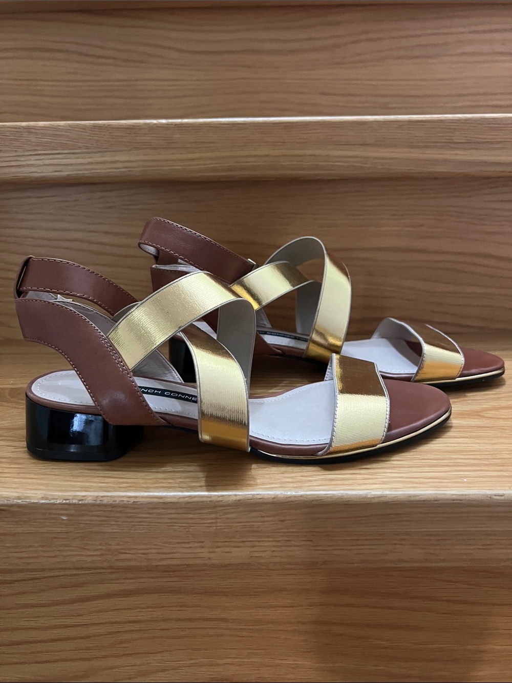 French Connection Brown and Gold Strappy Low Block Heel Sandals